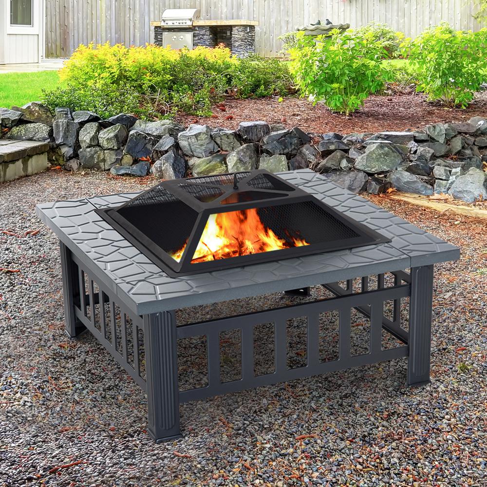 Outsunny 32 In W X 18 In H Square Steel Outdoor Patio Wood Burning Fire Pit Table In Black With Poker And Water Resistant Cover 842 073 The Home Depot