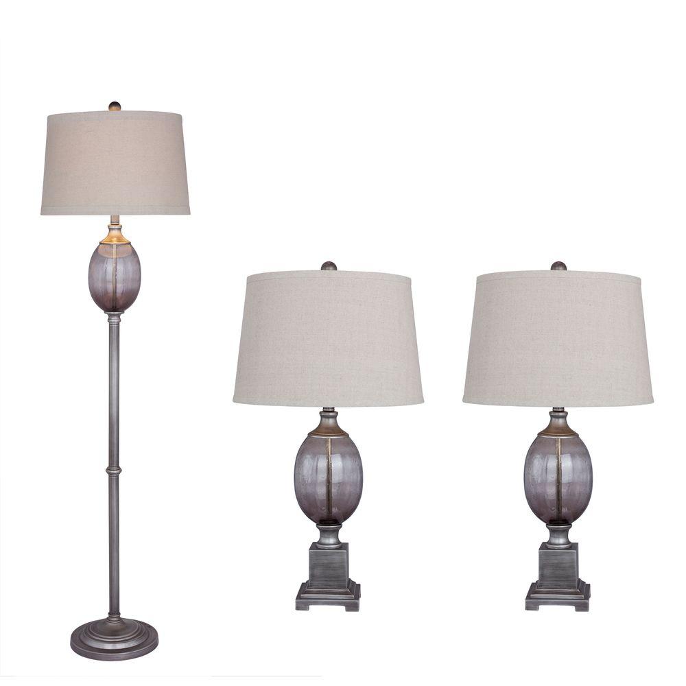 Fangio Lighting Antique Dark Silver Metal And Smoke Grey Seeded Fangio Lighting Antique Dark Silver Metal And Smoke Grey Seeded Glass Lamp Set 3