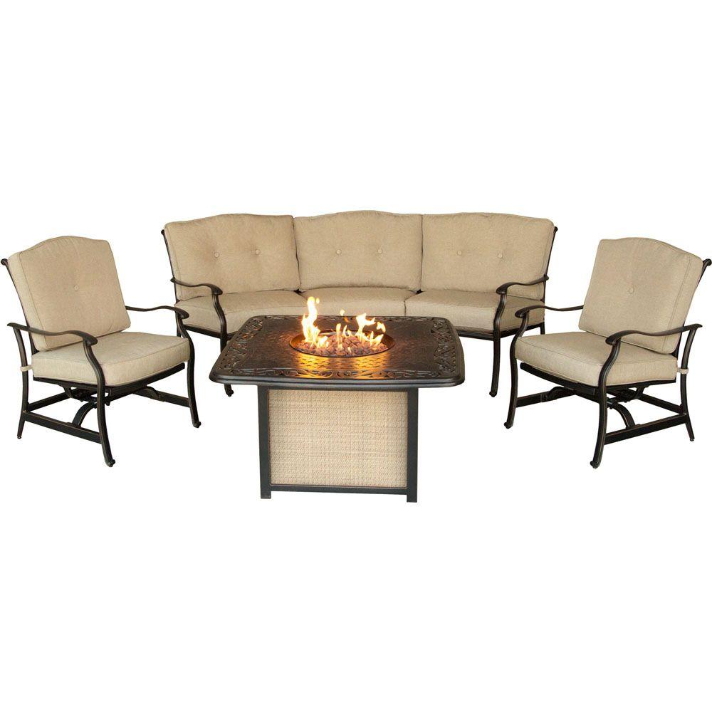 Hanover Traditions 4 Piece Patio Fire Pit Lounge Set With Cast Top Fire Pit And Natural Oat 9476