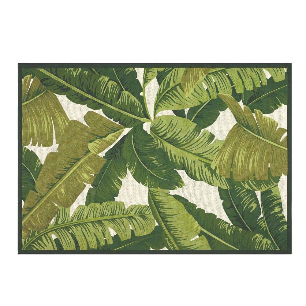 Indoor/Outdoor Area Rug Coastal Palm Leaf Carpet Ivory/Green Patio 4 ft