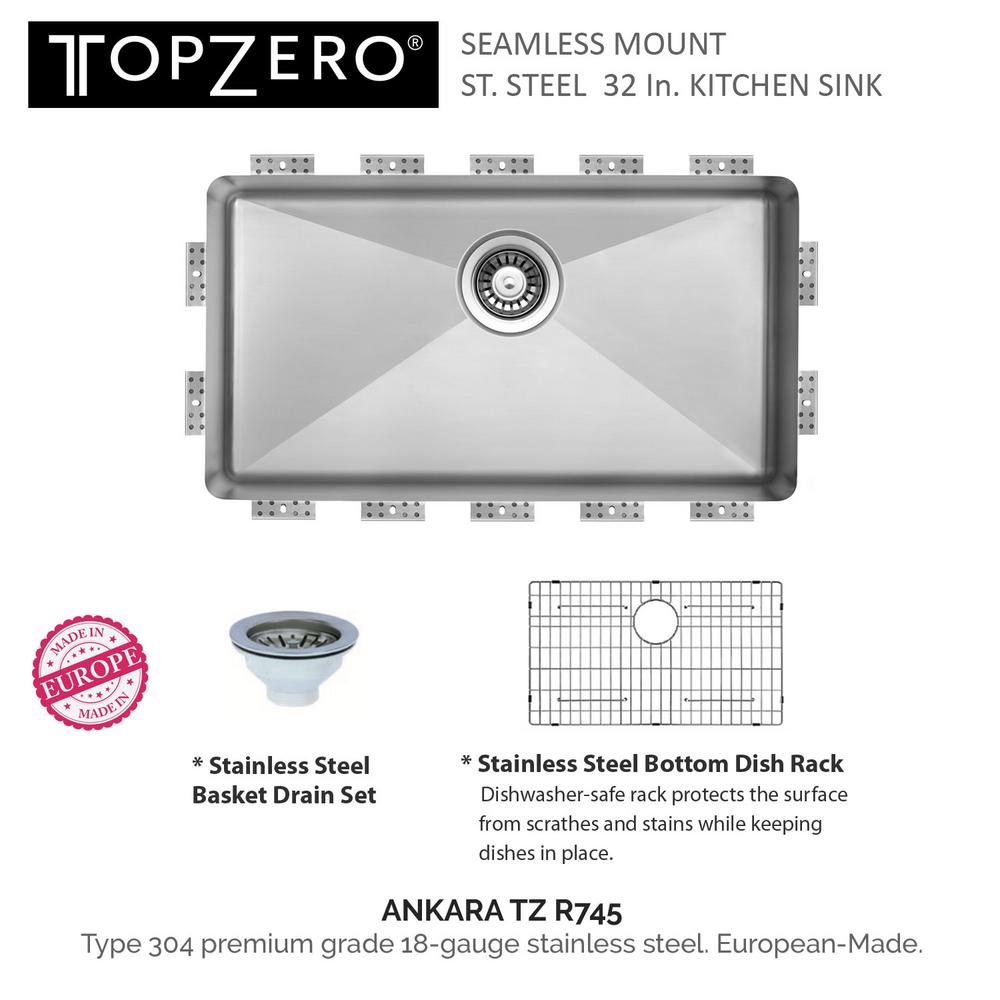 Topzero Undermount Stainless Steel 32 In Single Bowl Kitchen Sink With Rimless Edge