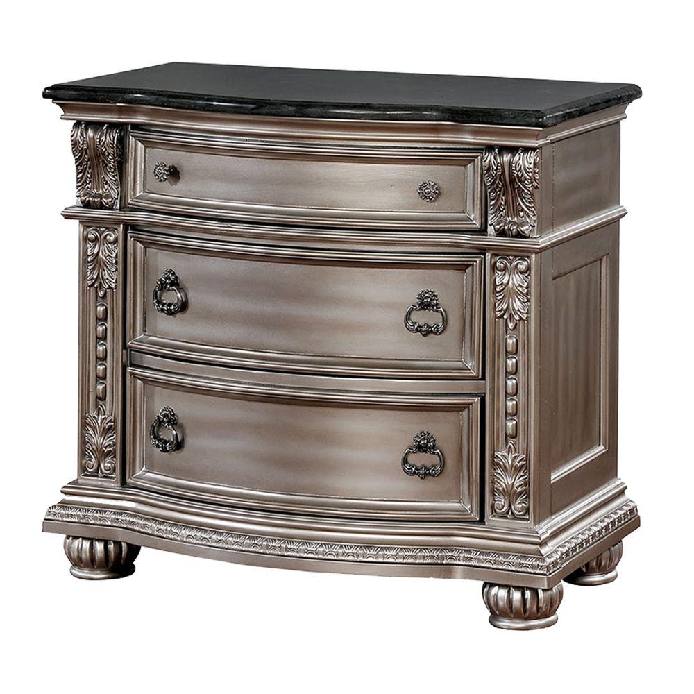 Benjara 3 Drawer Silver Solid Wood Nightstand With Marble Top 19 25 In L X 34 25 In W X 32 5 In H Bm186322 The Home Depot