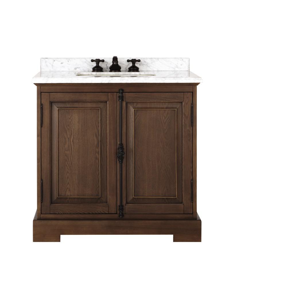 Home Decorators Collection Clinton 36 In W Single Vanity In Antique Coffee With Natural Marble Vanity Top In White With White Sink 9785000800 The Home Depot