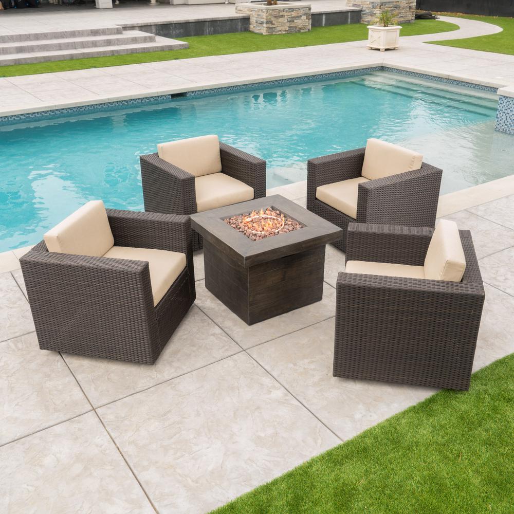 Noble House Puerta Dark Brown 4 Piece Wicker Patio Fire Pit