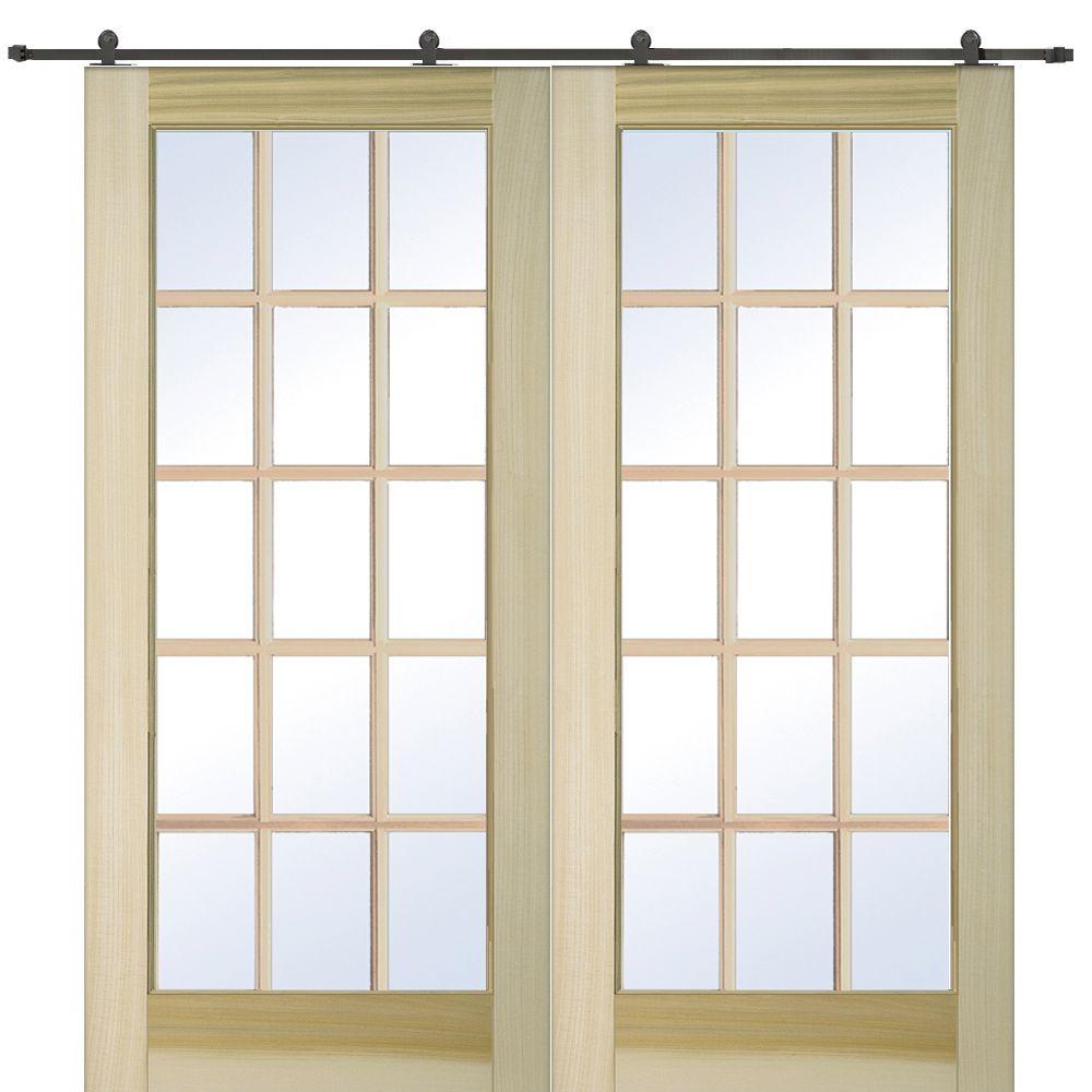 Mmi Door 72 In X 80 In Poplar 15 Lite Double Door With Barn Door Hardware Kit