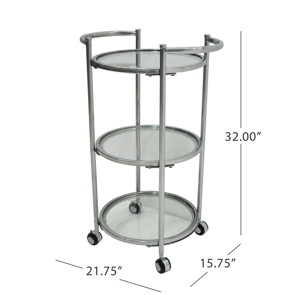 Noble House Sula Modern Silver Iron 3Tier Bar Cart with Glass Shelves