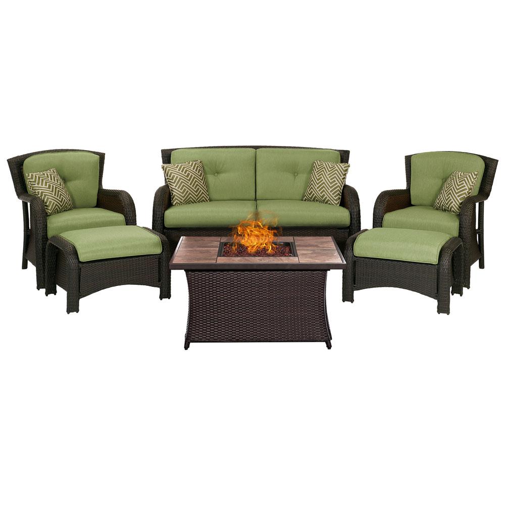 Hanover Strathmere 6 Piece Woven Patio Seating Set With Tile Top Fire Pit And Cilantro Green Cushions