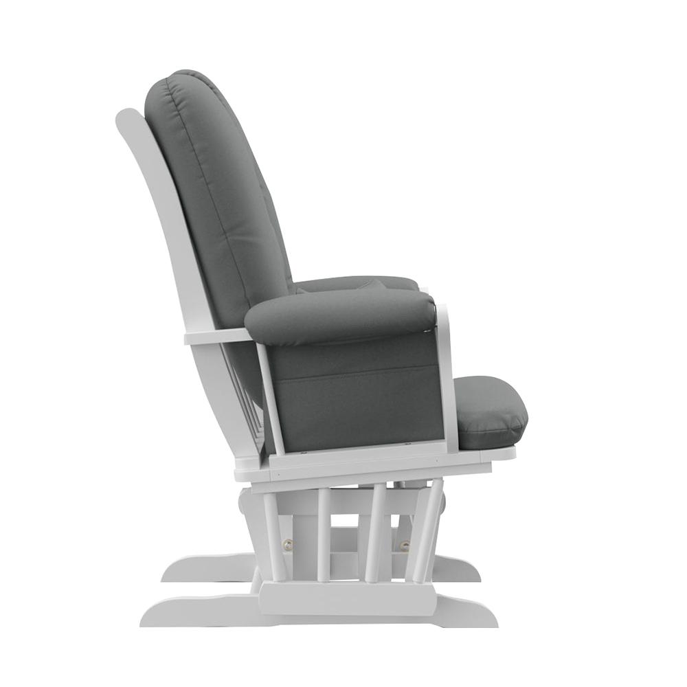 white glider rocker with gray cushions