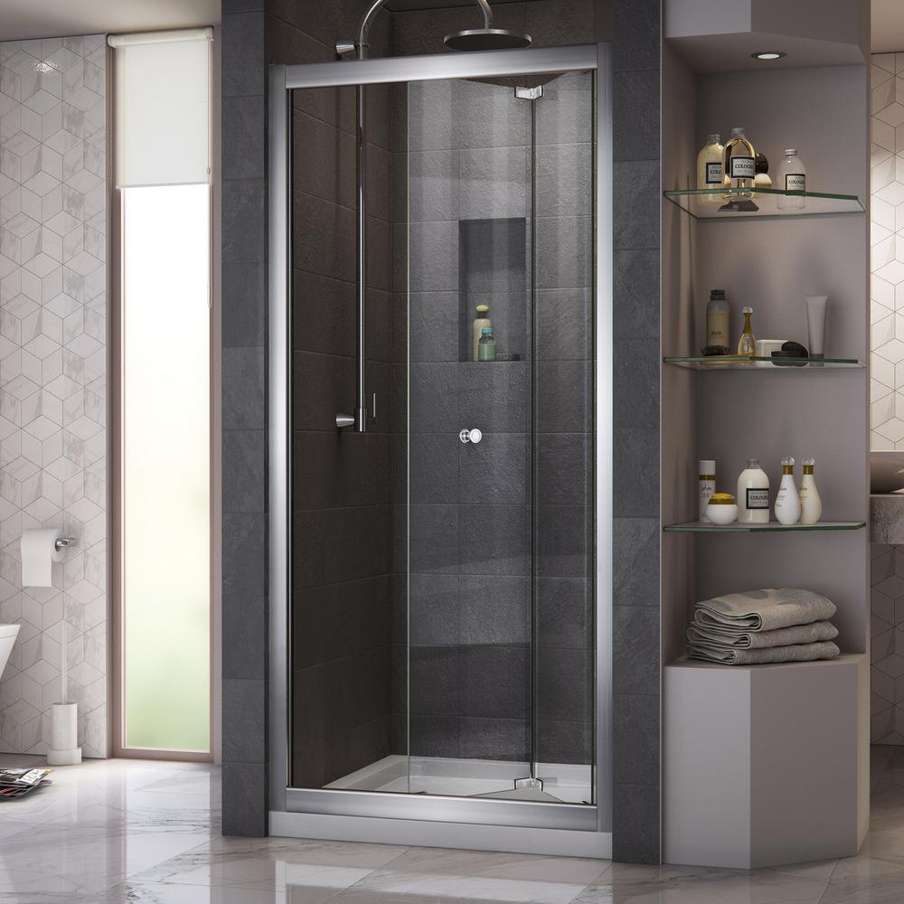 Dreamline Erfly 36 In X 74 3 4 Semi Frameless Bi Fold Shower Door Chrome With Center Drain Base Biscuit