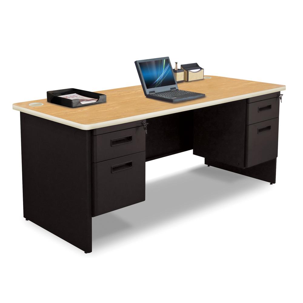 72 In W X 36 D Oak Laminate And Black Double Pedestal Desk