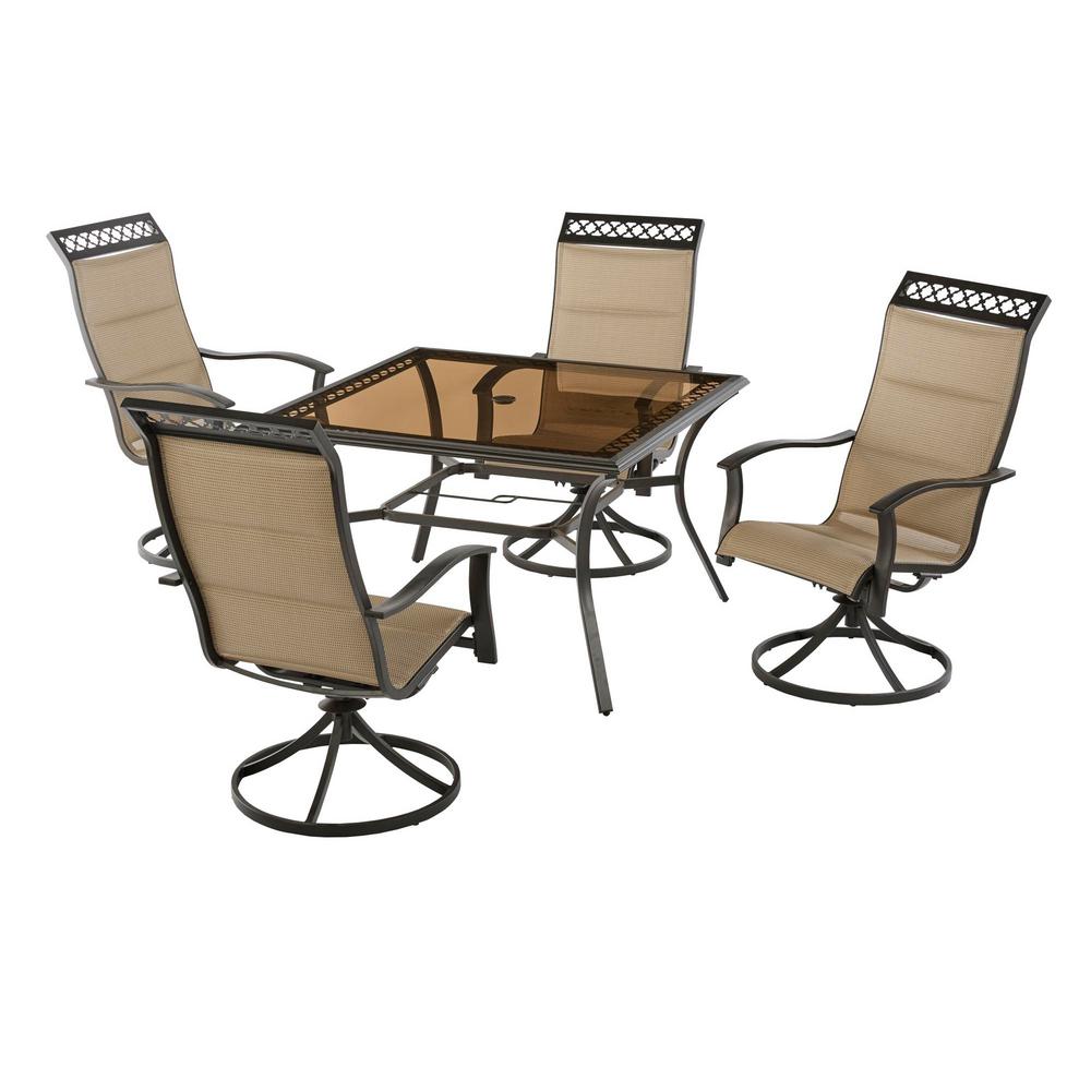 Hampton Bay Statesville Scroll 5 Piece Steel Padded Sling Swivel Outdoor Patio Dining Set In Toffee Tan Fcs80382as St The Home Depot