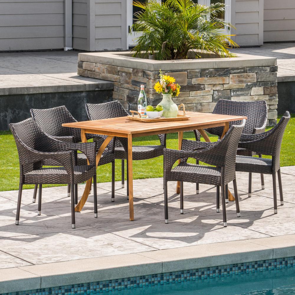 Noble House Noble 7 Piece Wood And Wicker Outdoor Dining Set With Stacking Chairs 304295 The