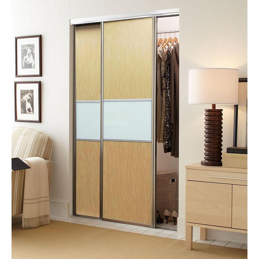 Contractors Wardrobe 60 In X 81 In Matrix Satin Clear Aluminum Frame Maple And White Painted Glass Interior Sliding Door