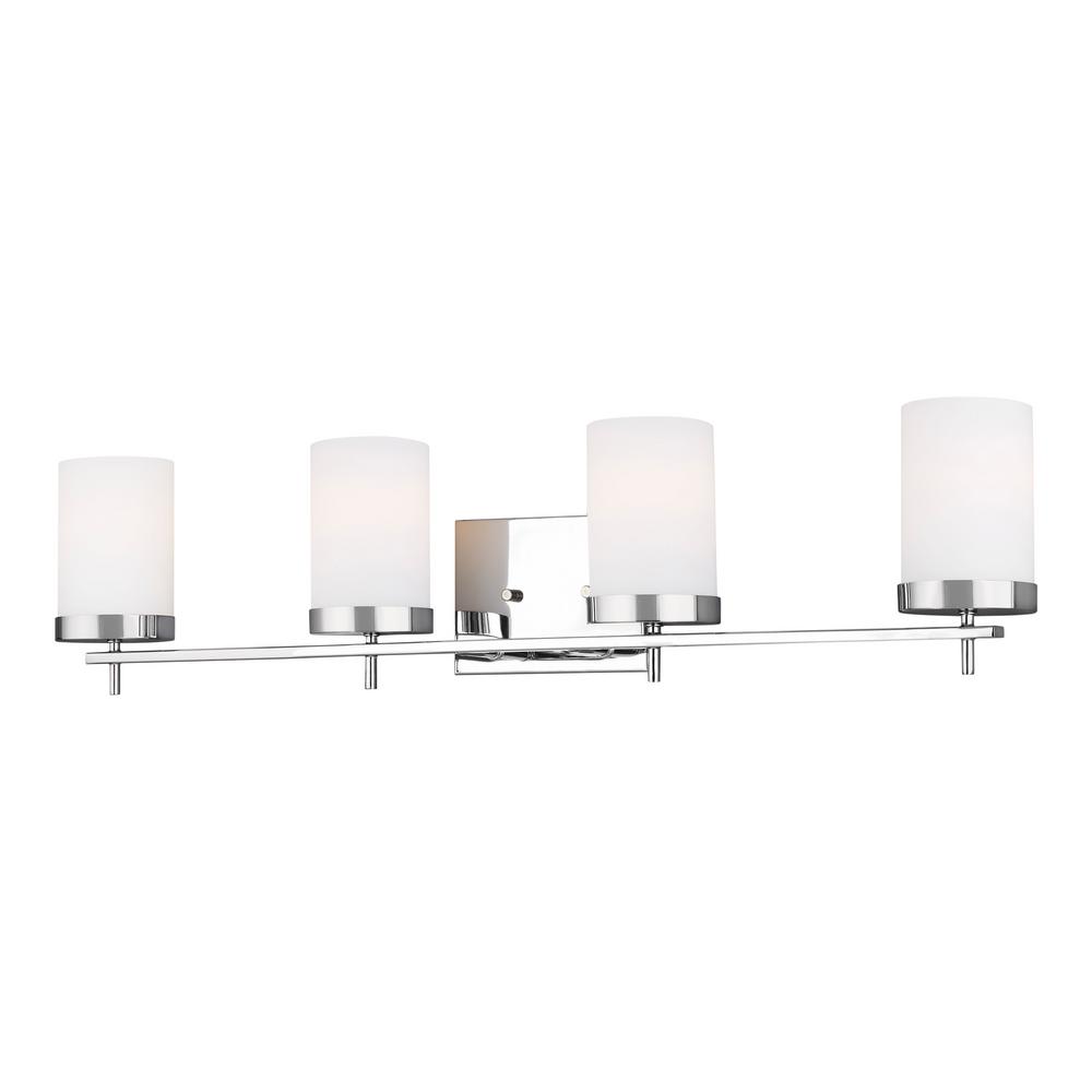 Sea Gull Lighting Zire 34 In W 4 Light Chrome Vanity Light With Etched White Glass Shades 4490304 05 The Home Depot