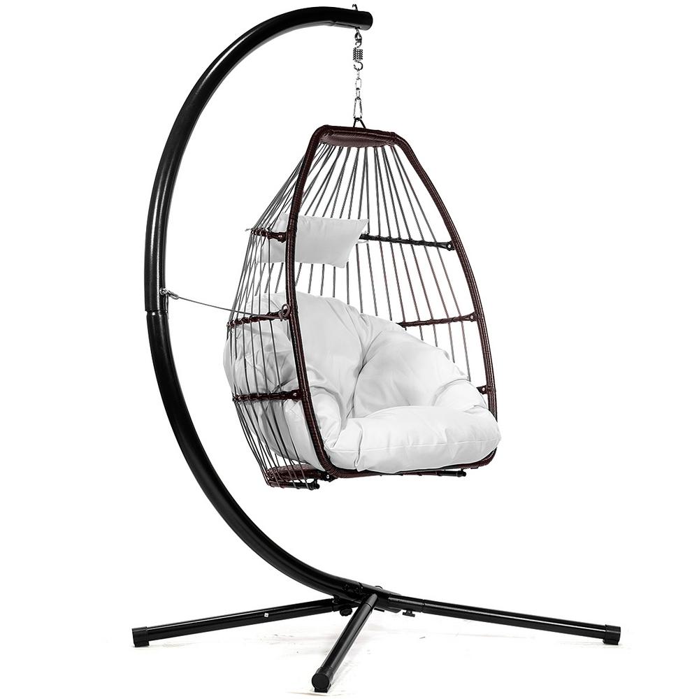 Barton Dark Brown Wicker Egg Shaped Patio Swing Chair With Cream Cushion 93904 The Home Depot