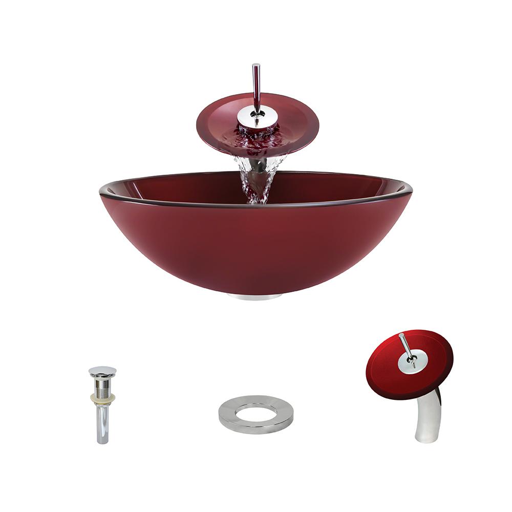 Glass Vessel Sink In Hand Painted Red With Waterfall Faucet And Pop Up Drain In Chrome