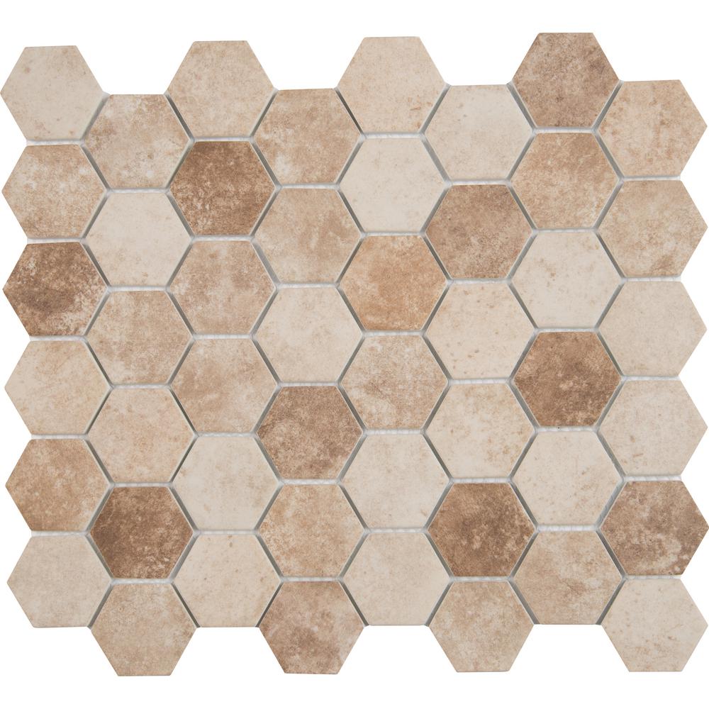 Hexagon Beige Cream Tile Flooring The Home Depot Sandhills Hexagon 12 In X 6mm Glass Mesh Mounted Mosaic