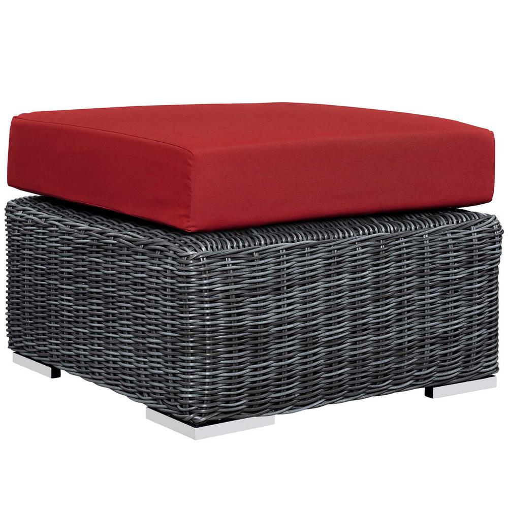 MODWAY Summon Wicker Outdoor Patio Ottoman with Sunbrella Canvas Red