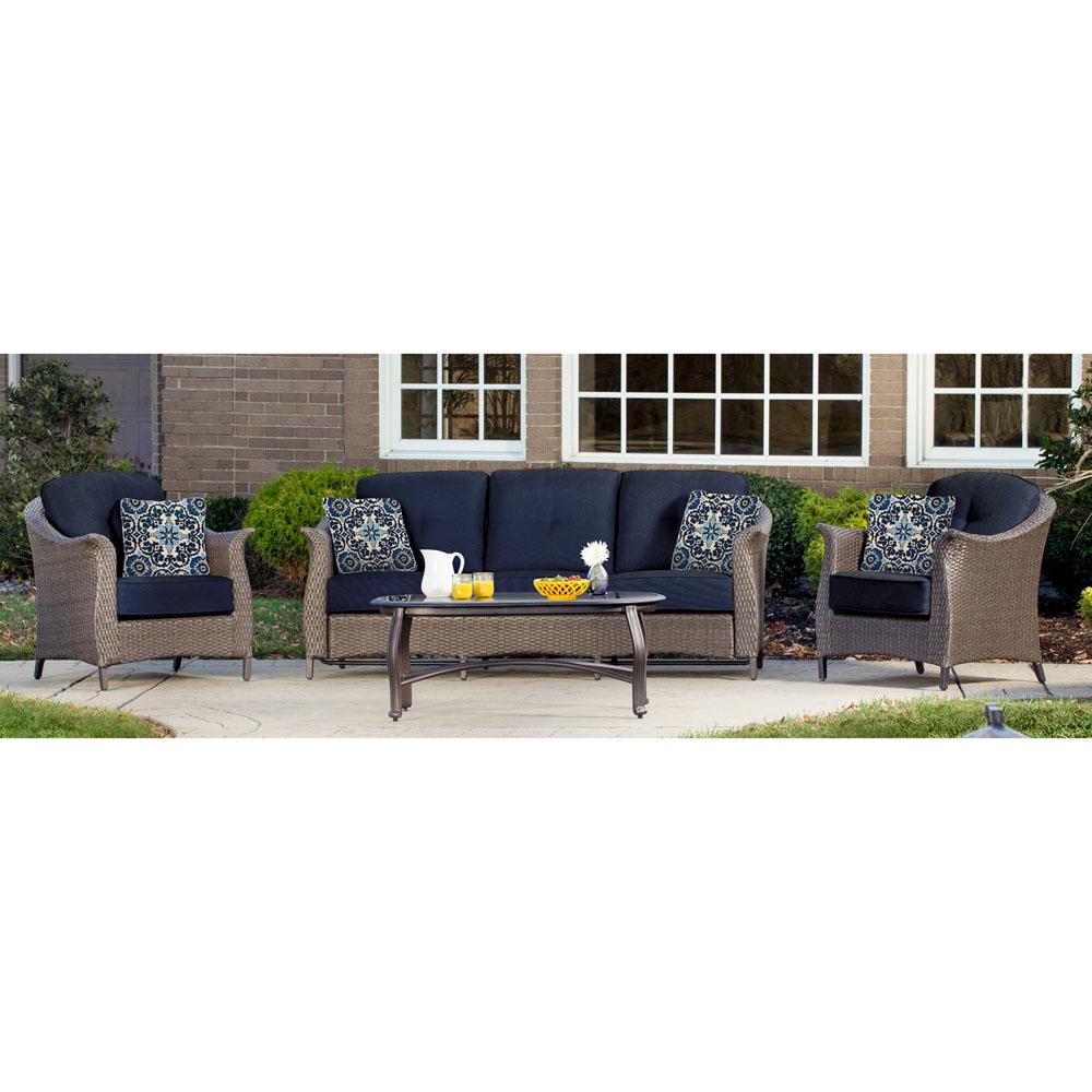 Hanover Gramercy 4 Piece All Weather Wicker Patio Seating Set With Navy Blue Cushions Gramercy4pc Nvy The Home Depot