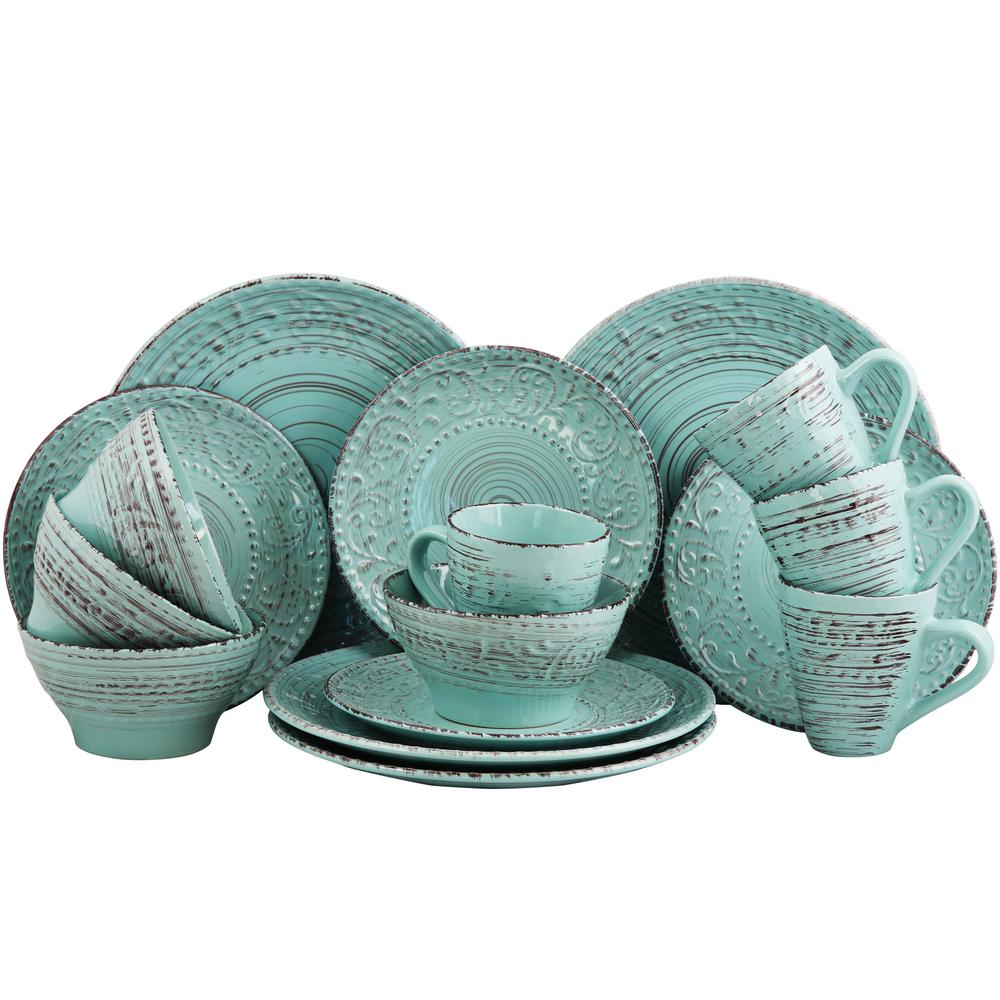 Elama Malibu 16-Piece Coastal Turquoise Stoneware Dinnerware Set ...