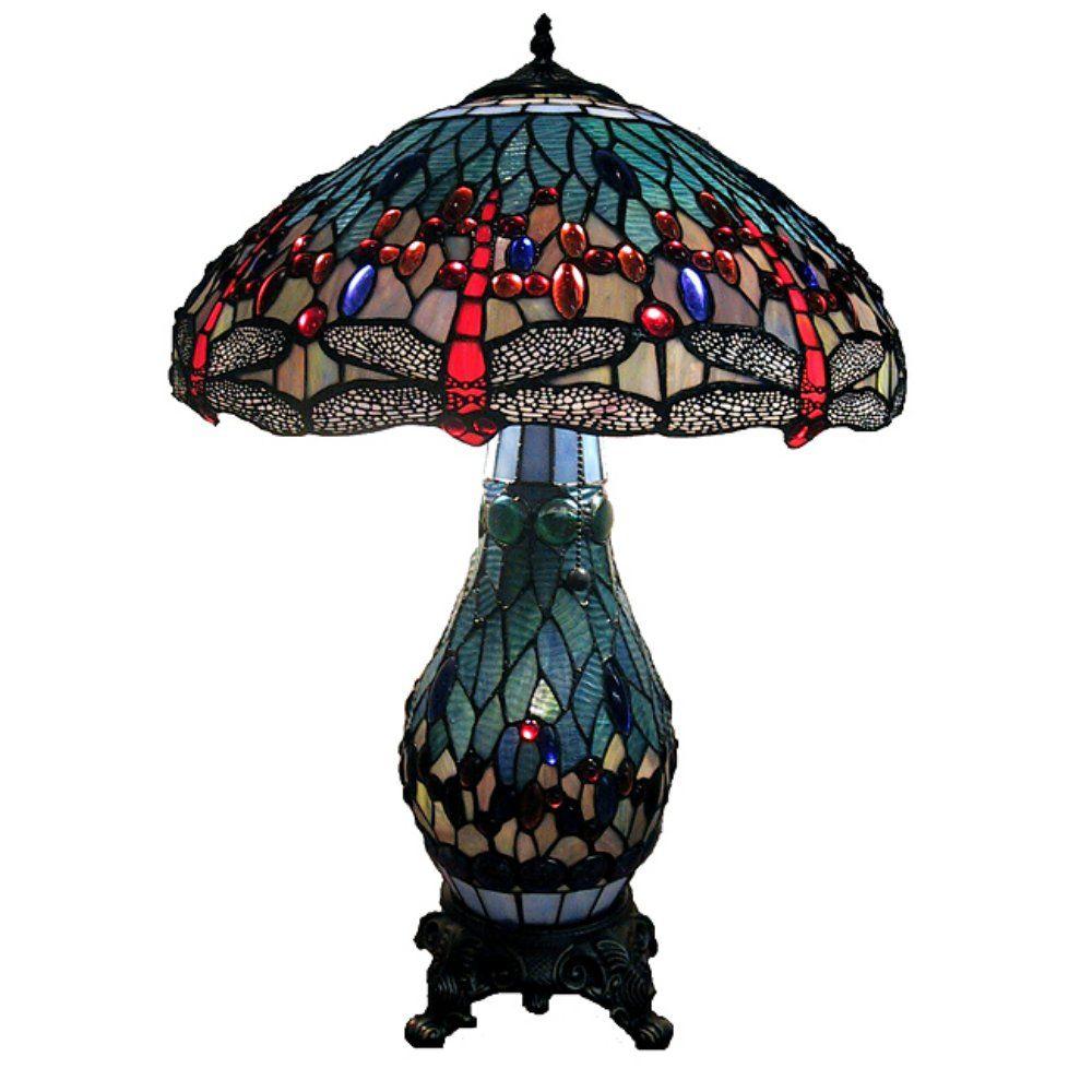 Antique Brass Table Lamp With, Stained Glass Dragonfly Lamp Shade