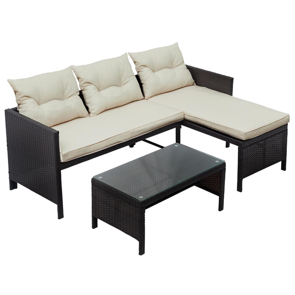 Nestfair Brown 3-Piece Wicker Outdoor Sectional with Beige Cushions ...