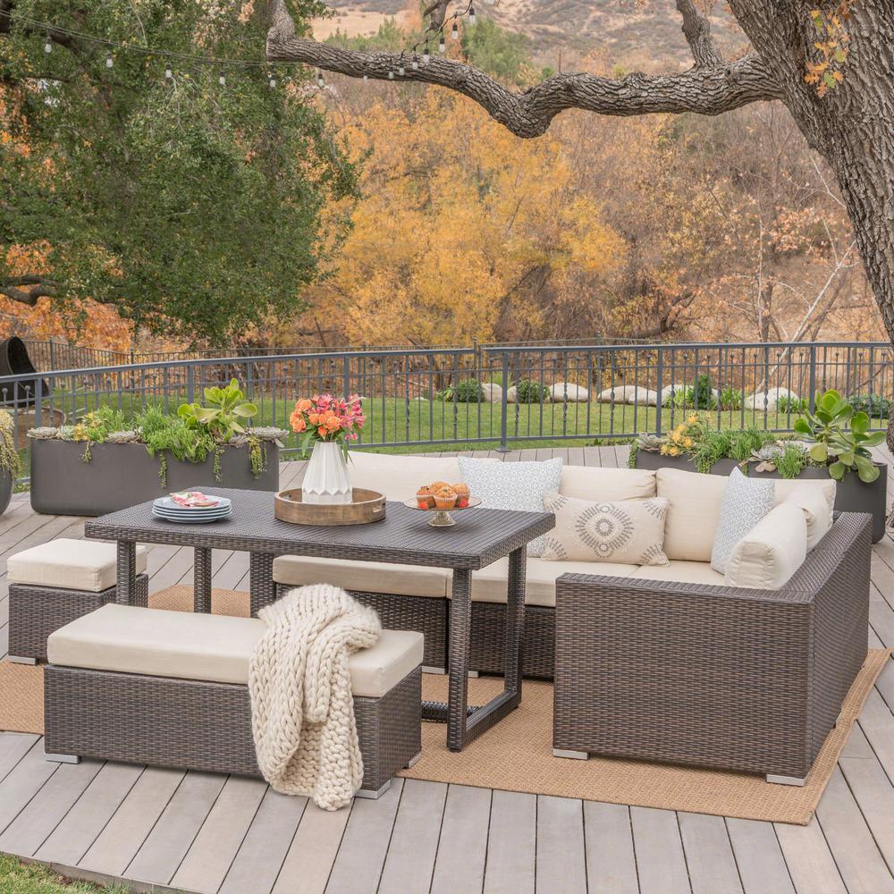 Noble House Santa Rosa Multibrown 7 Piece Wicker Patio Conversation Sectional Seating Set With Beige Cushions 37053 The Home Depot - Outdoor Sofa Sectional With Dining Table Noble House Santa Rosa Multibrown 7 Piece Wicker Patio Conversation Sectional Seating Set With Beige Cushions 37053 The Home Depot - Outdoor Sofa Sectional With Dining Table