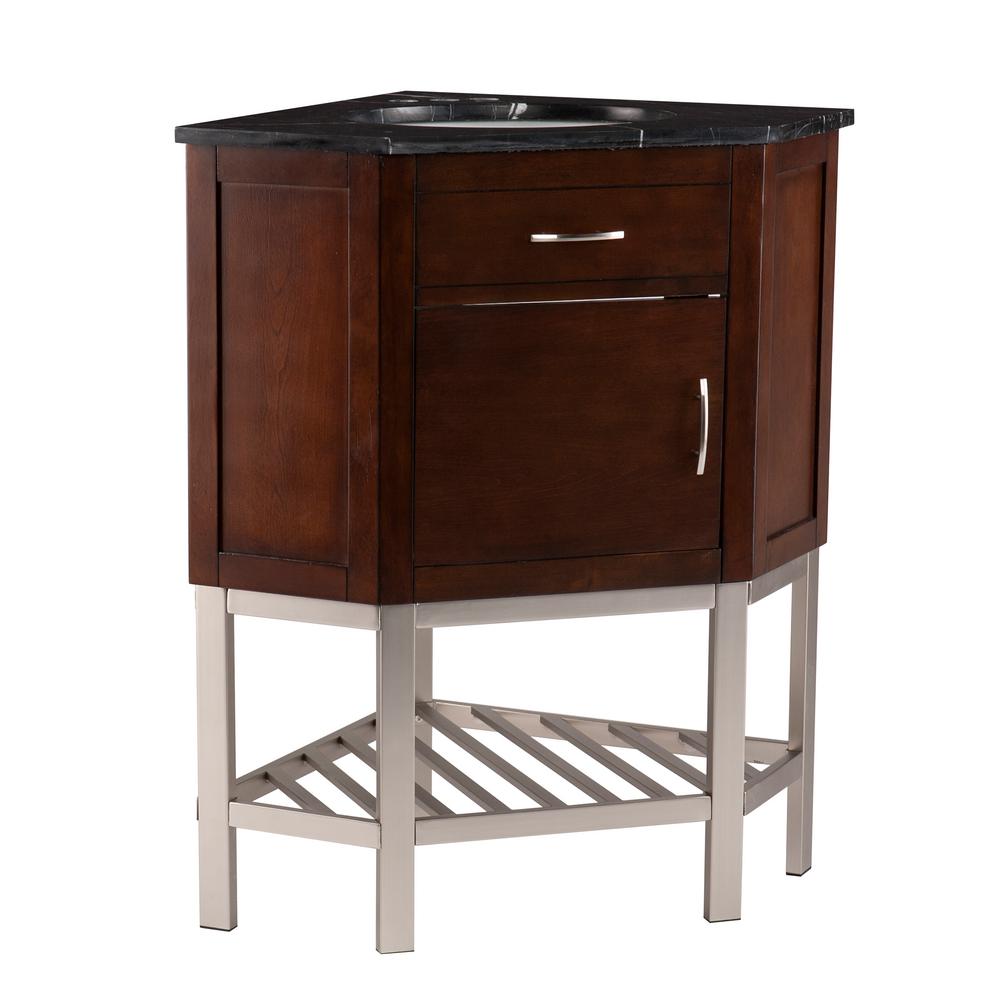 Southern Enterprises Bortsyn 32 5 In W X 23 3 D Corner Bath Vanity Dark With Black Marble Top White Basin