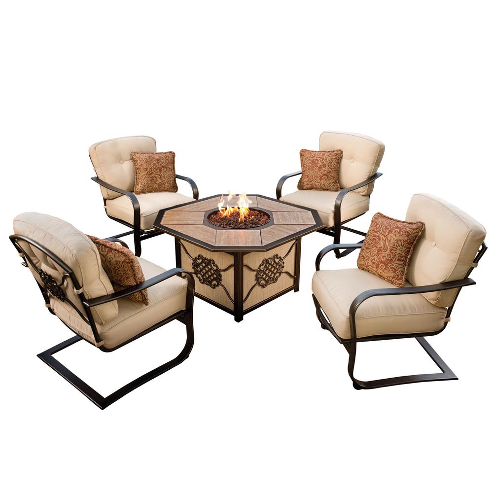 5 Piece Deep Seat Chat Set Gas Firepit Table Porcelain Top Burner