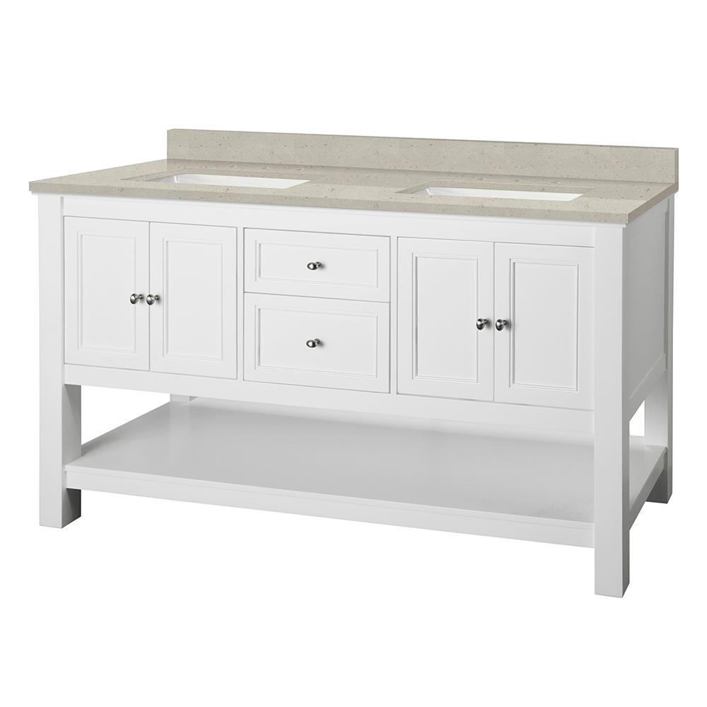 Home Decorators Collection Gazette 61 in. W x 22 in. D Vanity Cabinet in White with Engineered Quartz Vanity Top in Stoneybrook with White Sink was $1399.0 now $979.3 (30.0% off)
