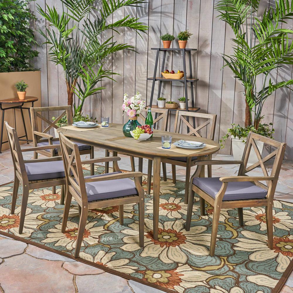 Noble House Pines Grey 7-Piece Wood Outdoor Dining Set with Dark Grey