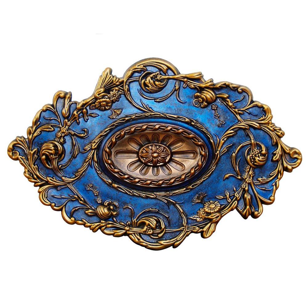 Fine Art Deco 20 In X 31 1 2 In Golden Diamond Gold Bronze And Venetian Blue Polyurethane Hand Painted Ceiling Medallion