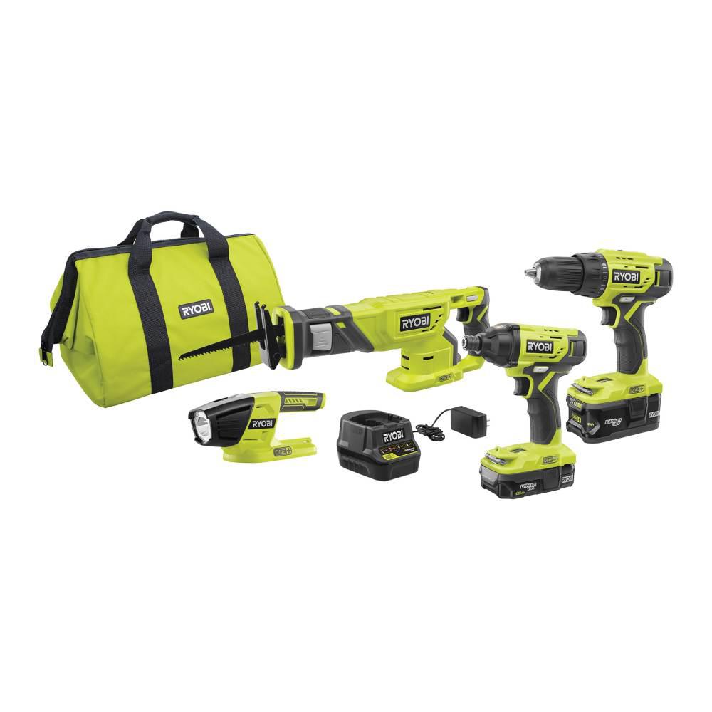 RYOBI 18-Volt ONE+ Lithium-Ion Cordless 4-Tool Combo Kit with (2) Batteries, 18-Volt Charger, and Bag