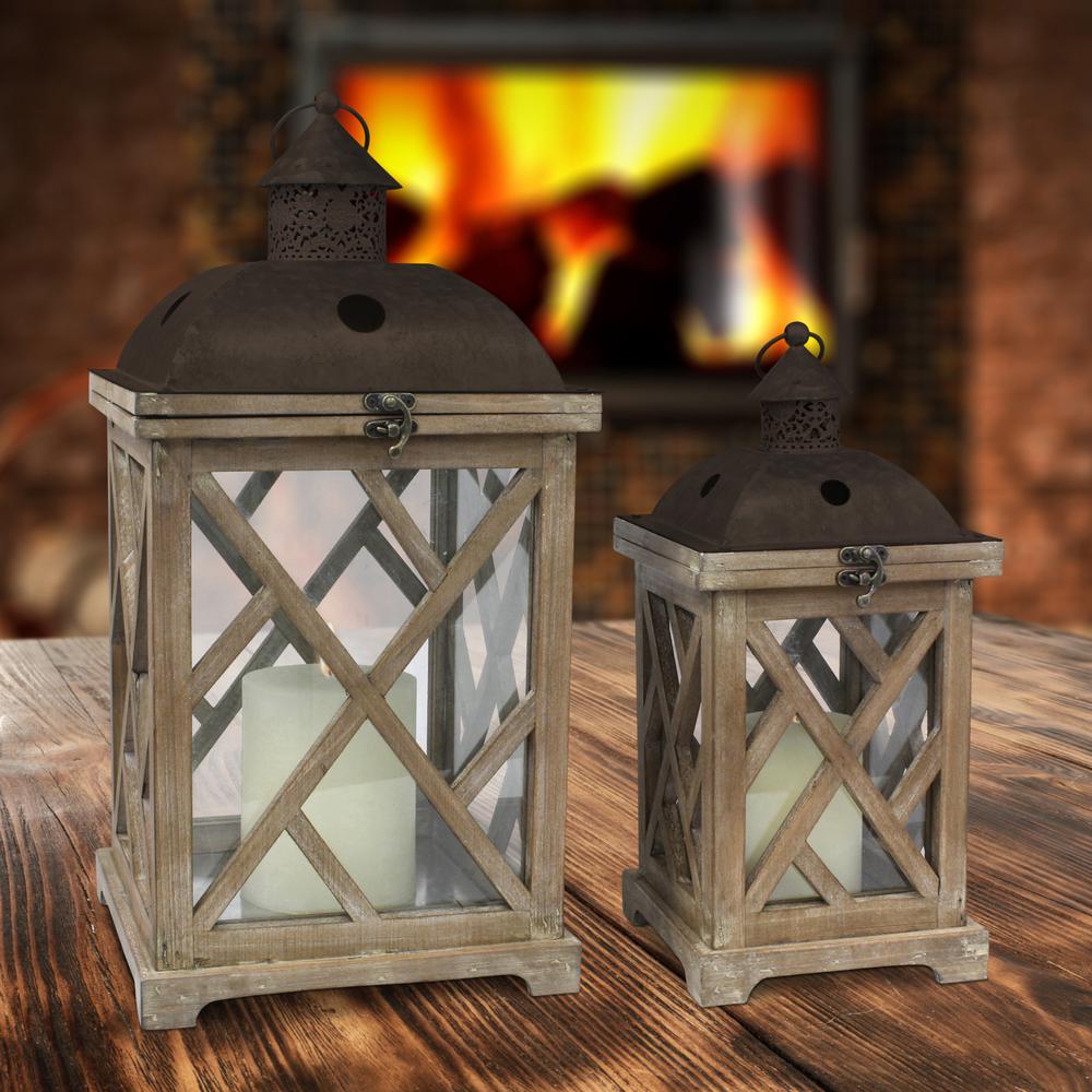 Stonebriar Collection Brown Rustic Wood And Metal Candle Lanterns Stonebriar Collection Brown Rustic Wood And Metal Candle Lanterns Set Of 2
