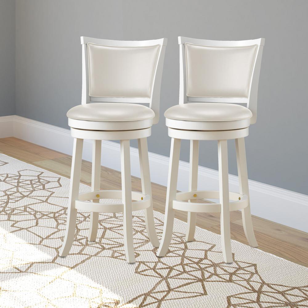 Corliving Woodgrove 29 In White Wood Swivel Barstools With White Wood Swivel Barstools With Leatherette Seat And Backrest