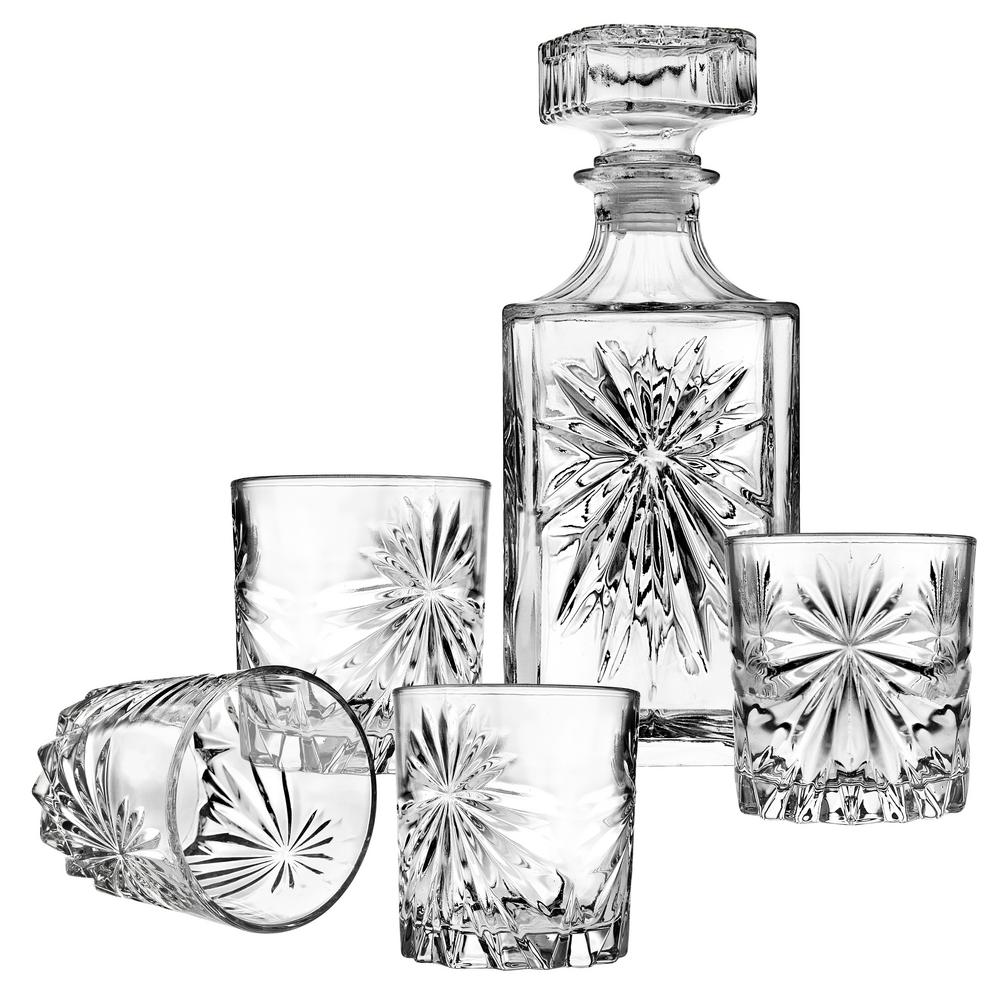 Studio Silversmiths Starburst Clear Crystal Decanter and Whiskey Set