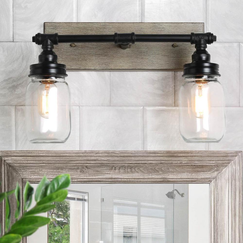 Lnc 2 Light Black Faux Wood Mason Jar Lighting Vanity Bath Light A03478 The Home Depot