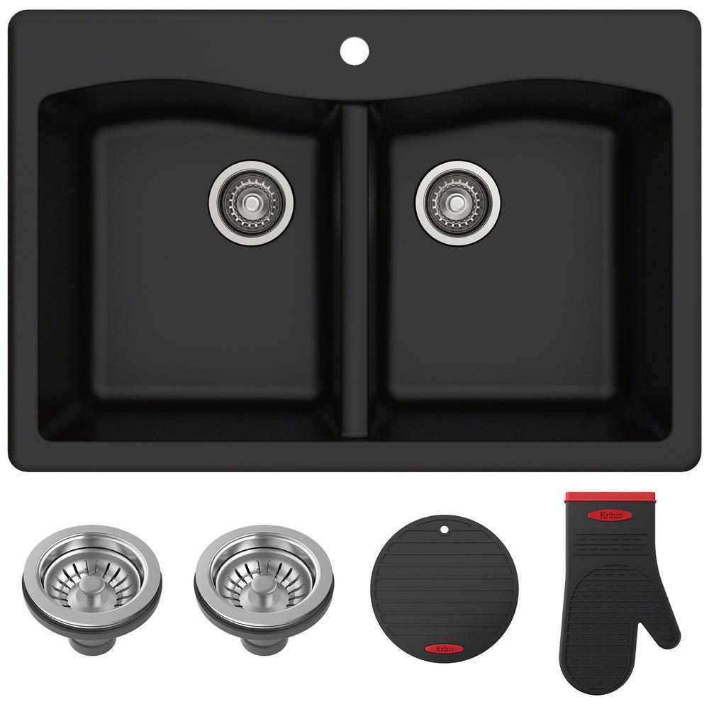 Kraus Forteza All In One Drop In Undermount Granite Composite 33 In 1 Hole 50 50 Double Bowl Kitchen Sink In Black