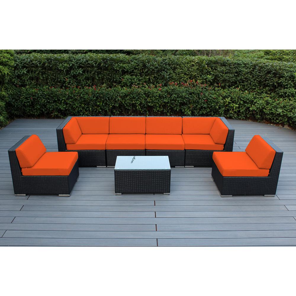 Ohana Depot Ohana Black 7 Piece Wicker Patio Seating Set With Supercrylic Orange Cushions Pn7037 Or The Home Depot