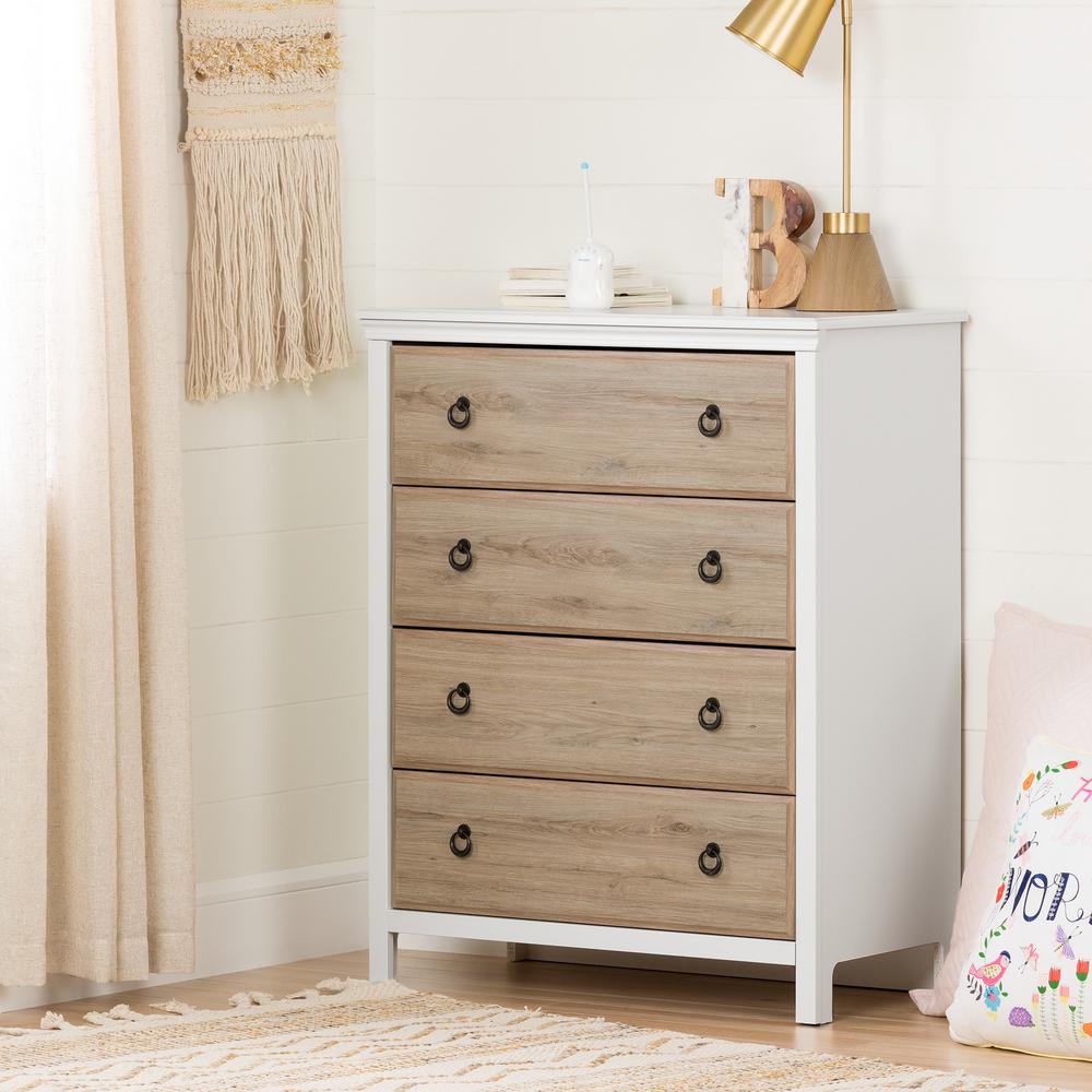 South Shore Catimini 4 Drawer Pure White And Rustic Oak Chest