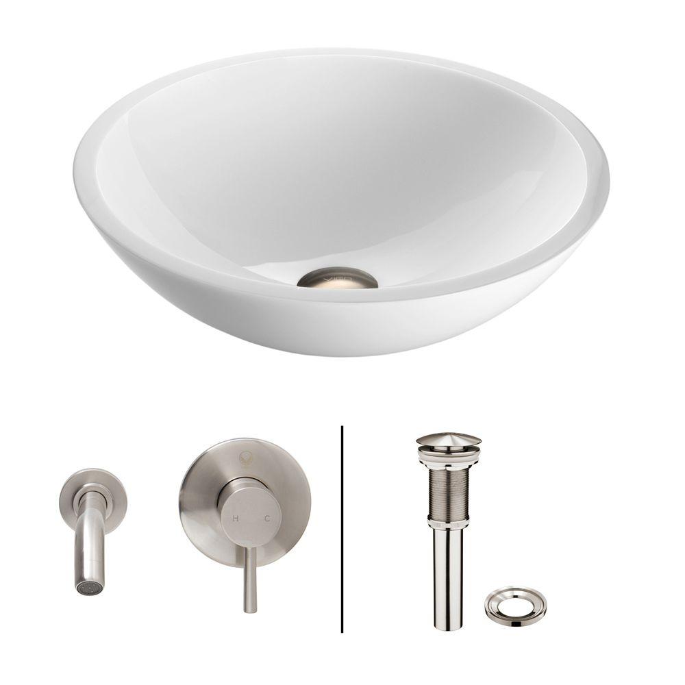 Vigo Flat Edged Stone Glass Vessel Bathroom Sink In White Phoenix With Wall Mount Faucet Set Brushed Nickel
