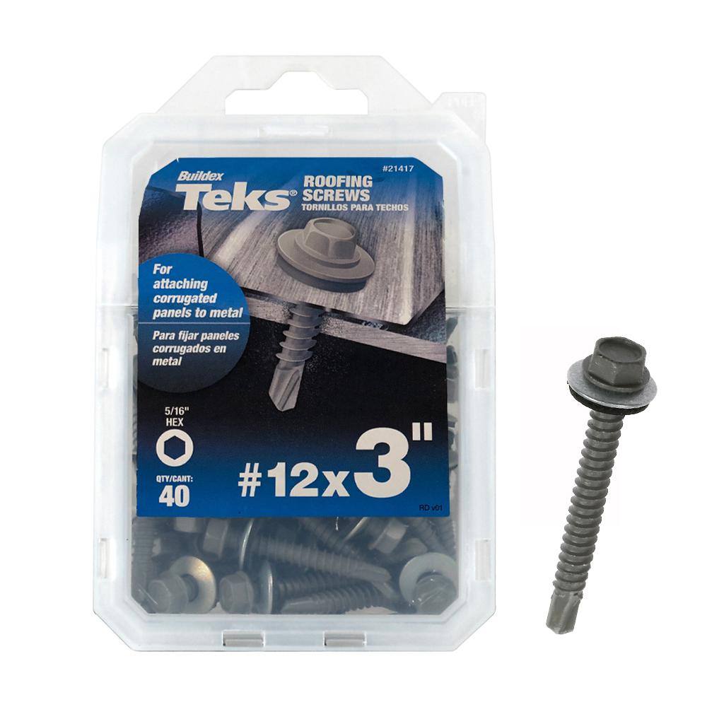 Teks 12 x 3 in. HexWasherHead Roofing Screw with Washer (40pieces