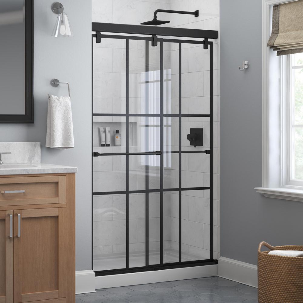 Black Matte Gridded Glass Shower Doors, Home Depot Delta Bathtub Shower Door