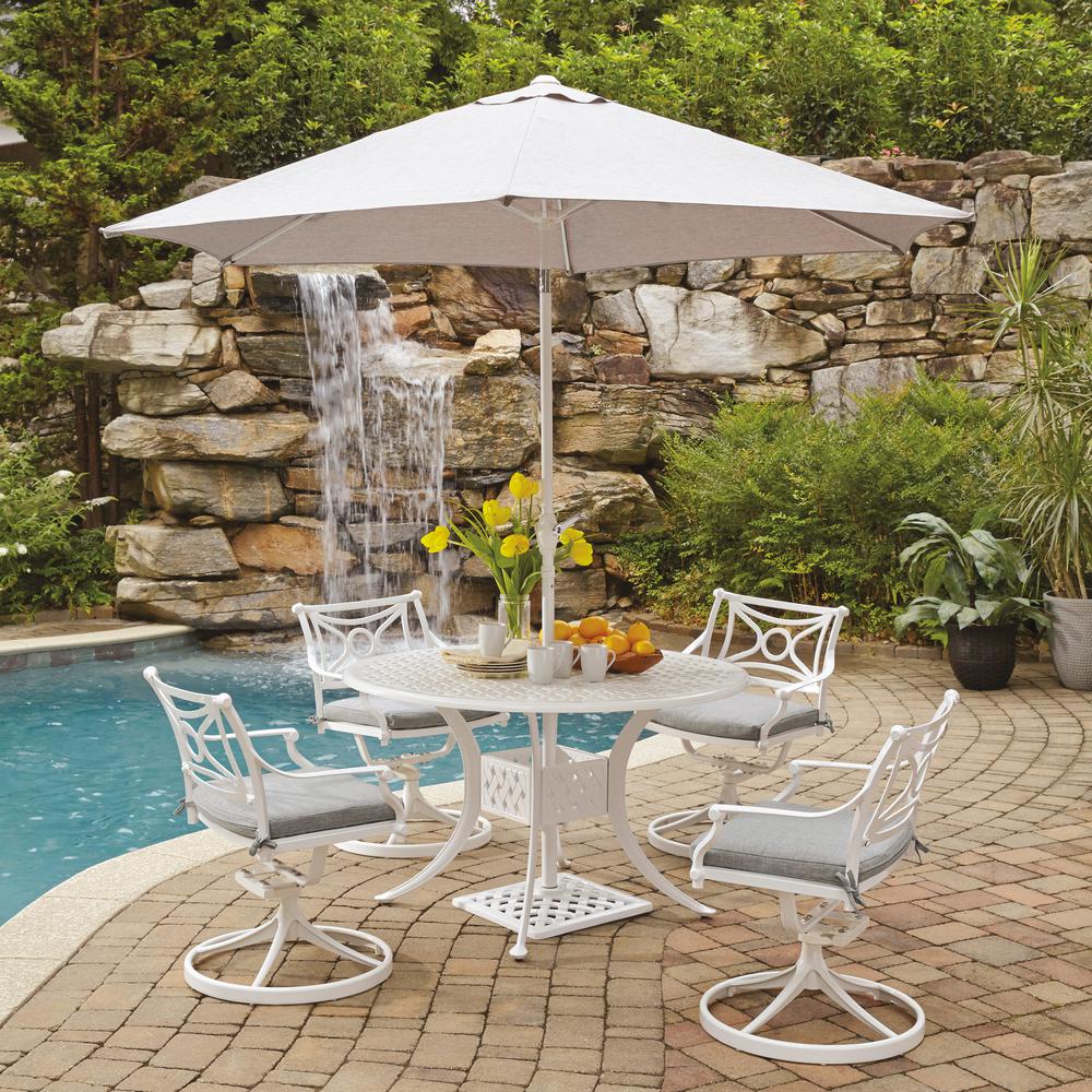 Homestyles La Jolla Cast White 5 Piece Aluminum Round Outdoor Dining Set With Gray Cushions And Umbrella And Base 5550 3256 The Home Depot