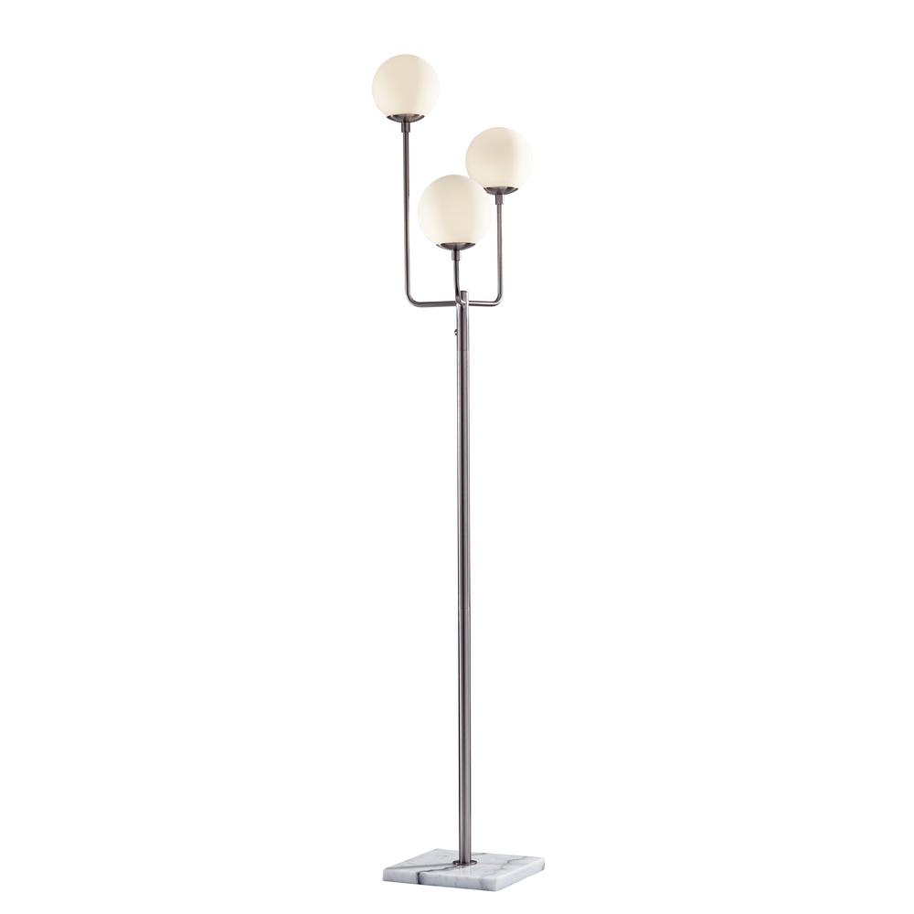 Modern Satin Brass Stem Floor Lamp with Opal Globe Glass Shades