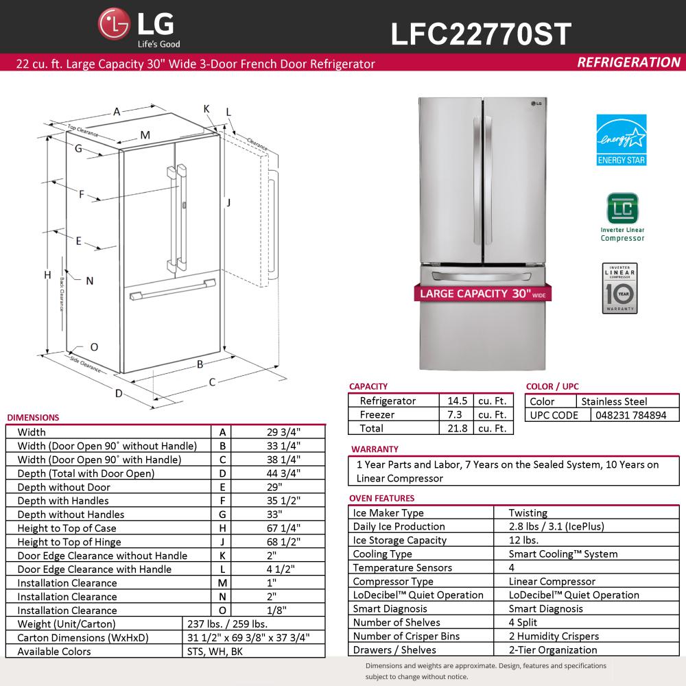 Lg Electronics 30 In W 21 8 Cu Ft French Door Refrigerator In