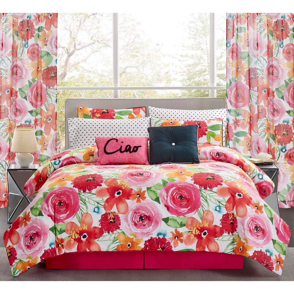 Sara B Santa 4 Piece Pink Red Floral Full Comforter Set
