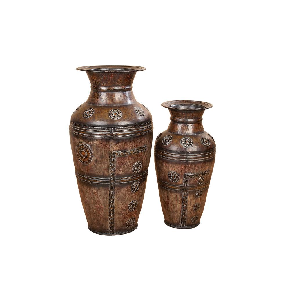 Litton Lane Antique Brown Iron Decorative Floor Vases Set Of 2 75714 The Home Depot