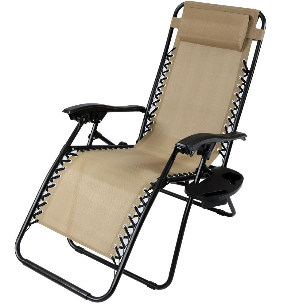 Sunnydaze Decor Zero Gravity Khaki Lawn Chair With Pillow And Cup
