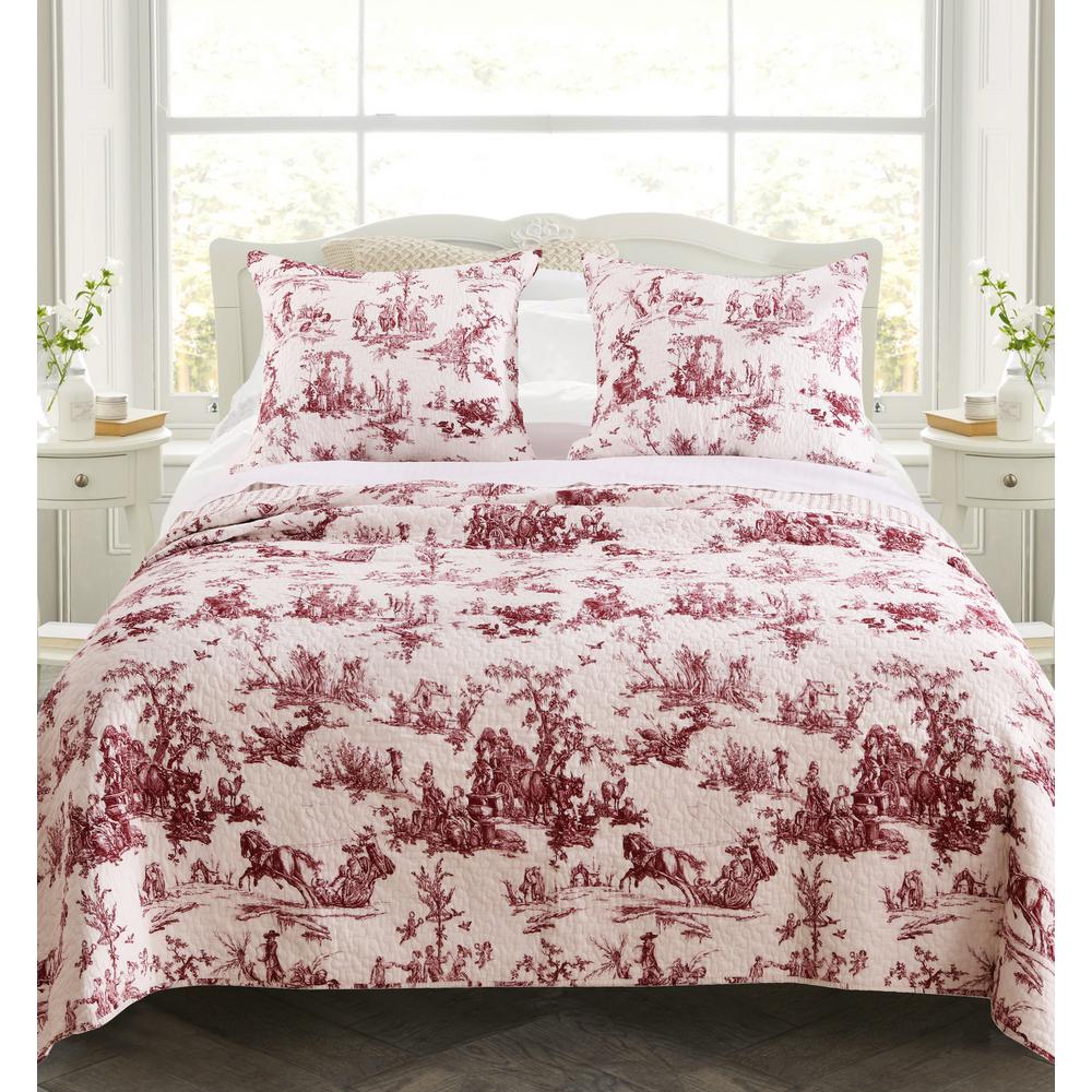 Greenland Home Fashions Classic Toile 3 Piece Red Full Queen Quilt